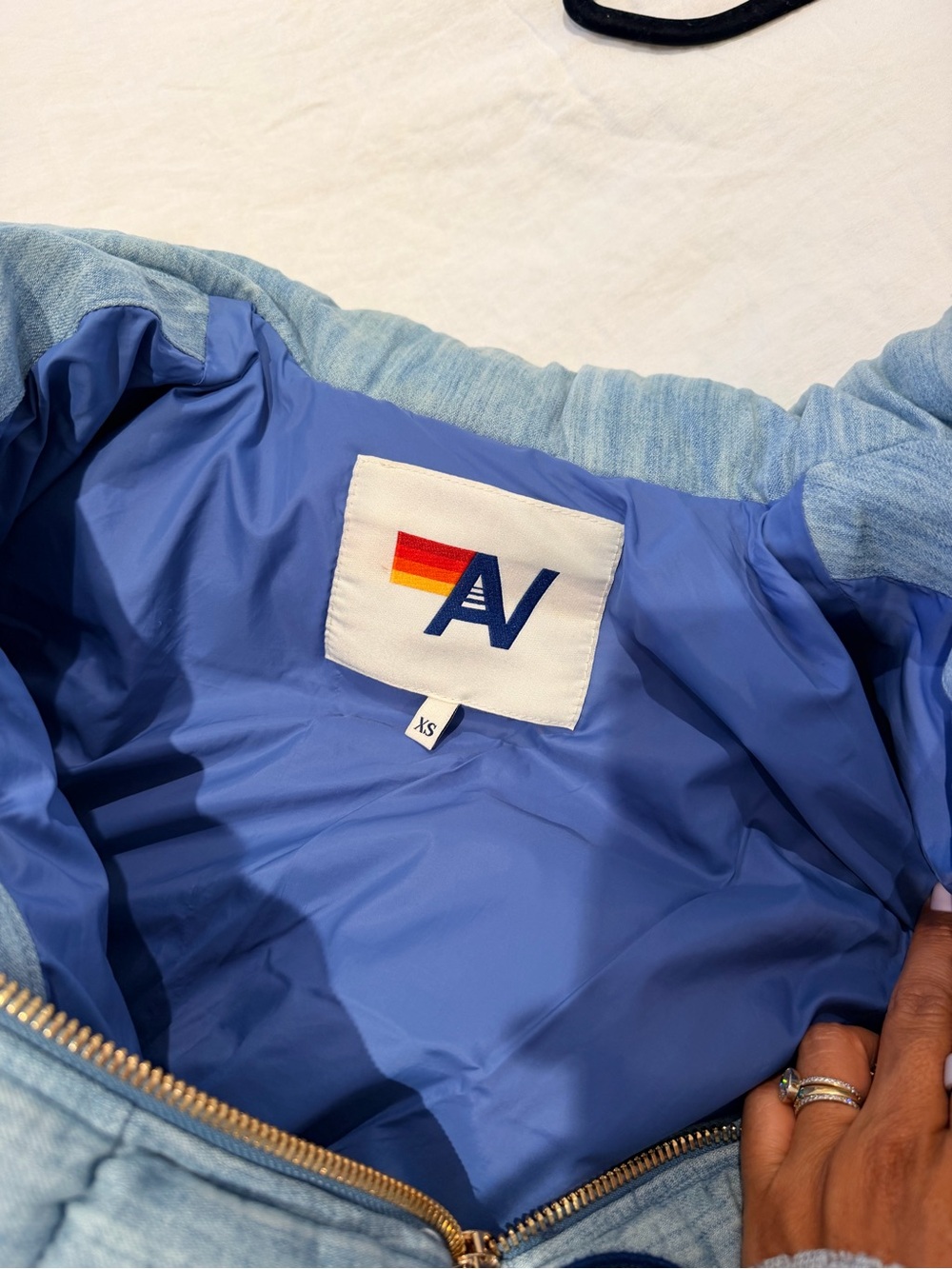 Aviator Nation Light Blue Quilted Puffer Jacket with Multicolor Patchwork - Picture 6 of 7